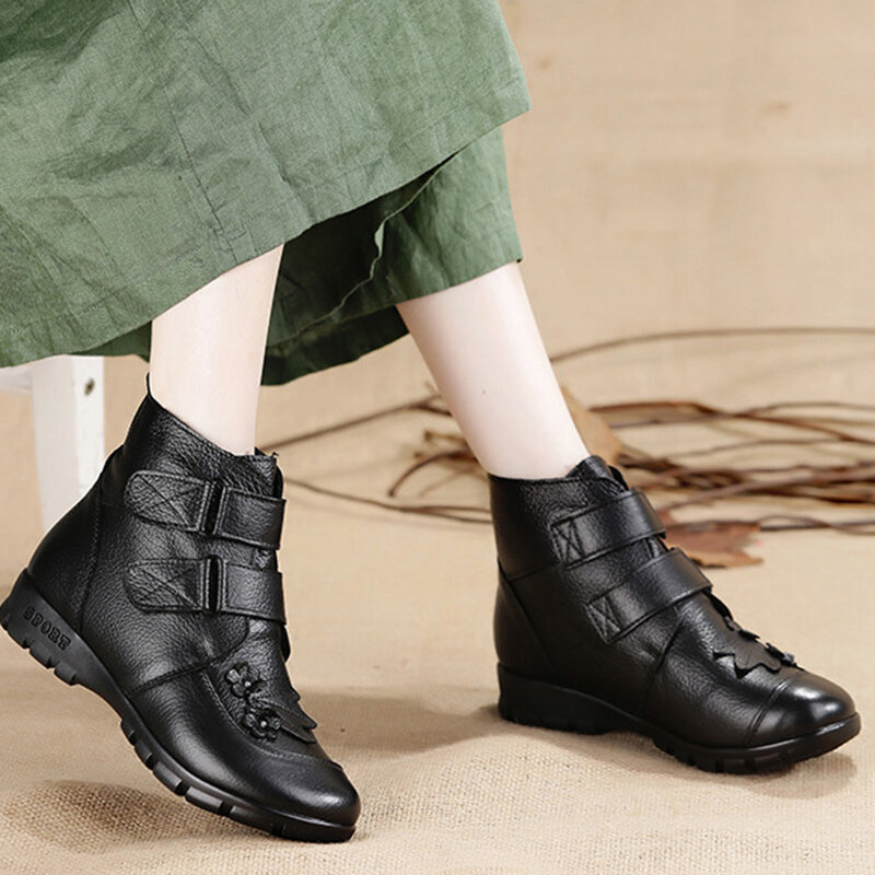 Plus Size Women Comfy Genuine Leather Flowers Hook Loop Back Flat Boots