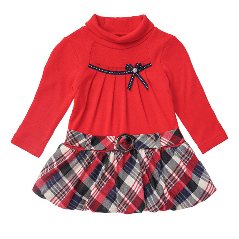 

Girl's Plaid Patchwork Long Sleeves Turtleneck Dress For 1-5Y, Red