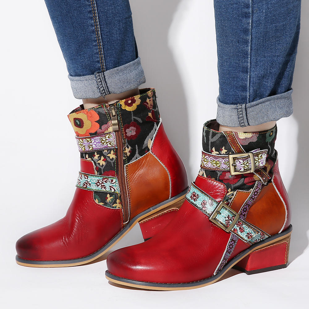 SOCOFY Womens Folkways Embossed Genuine Leather Metal Buckle Cozy Flat Short Boots