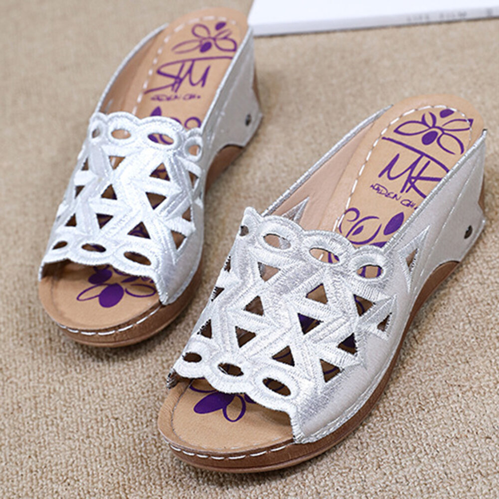Lace Peep Toe Splicing Hollow Out Wedges Casual Sandals