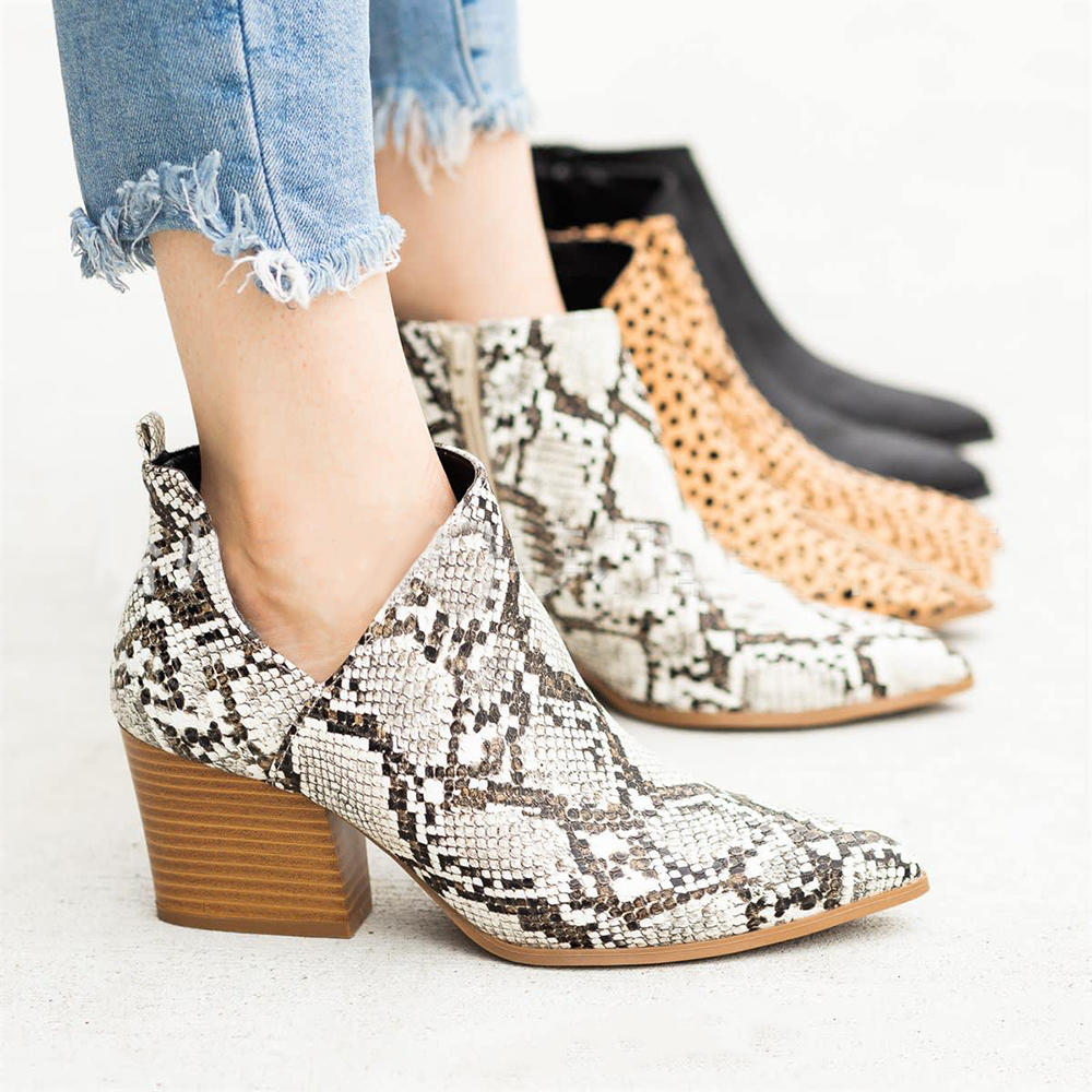 Plus Size Women Pointed Toe Serpentine Chunky Heel Short Boots
