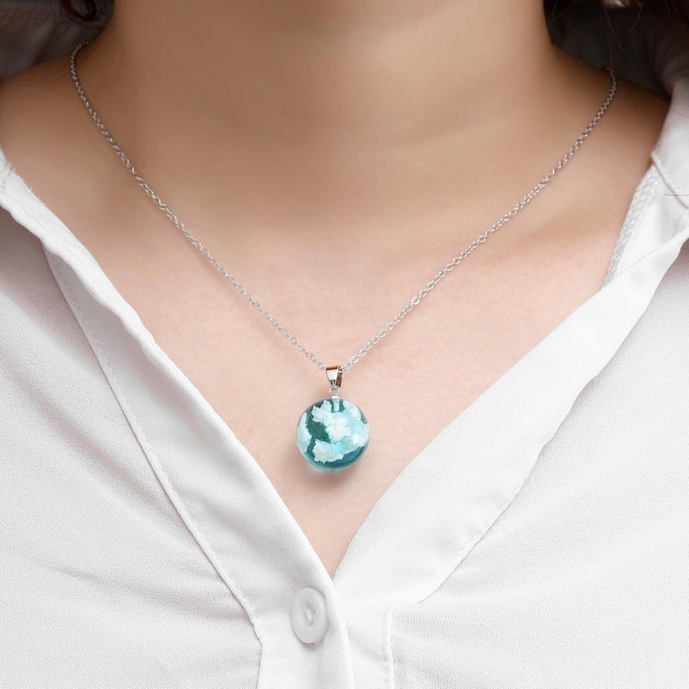 

Trendy Geometric Spherical Resin Pendant Necklace Blue White Clouds Transparent Chain Necklace