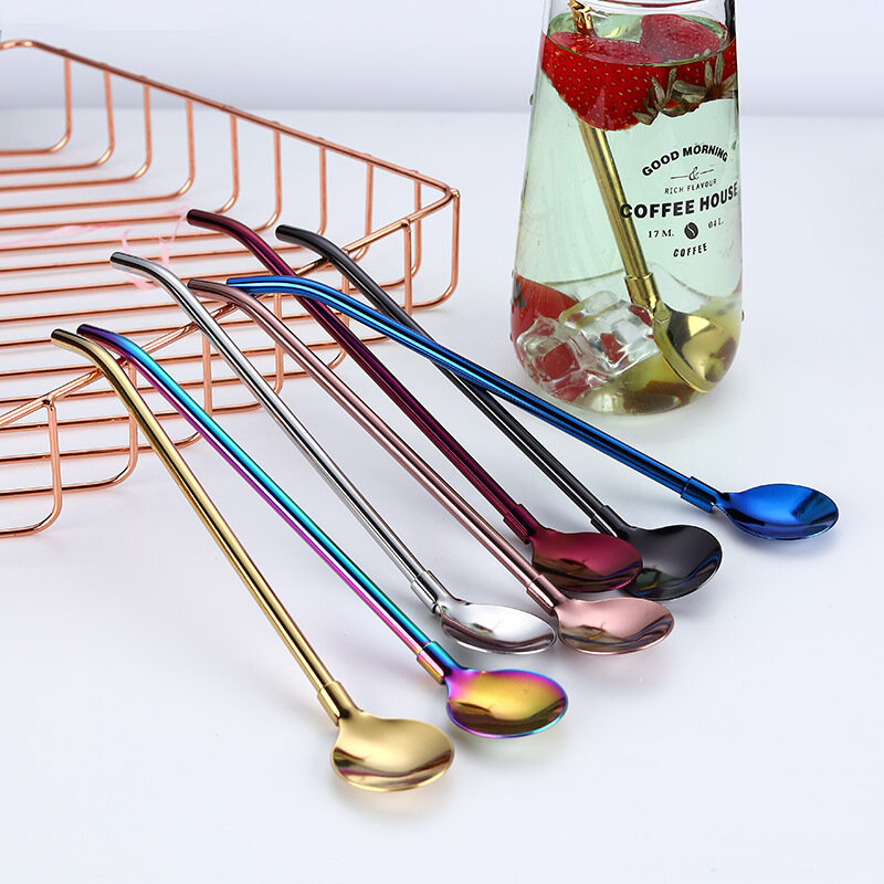 

Colorful Reusable 2 In 1 Drinking Straws Spoon Stainless Steel Metal Straws Cocktail Milk Coffee, Silver;gold;rose;colorful;black;blue;purple