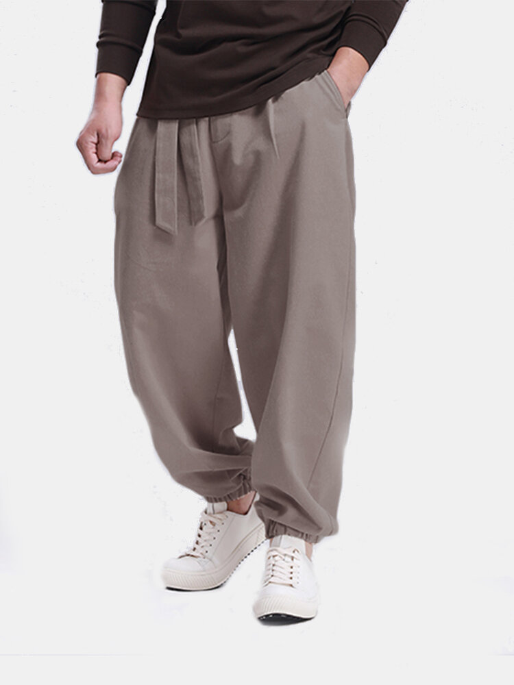 Mens Casual Solid Color Loose Breathable Tie Up Track Pants