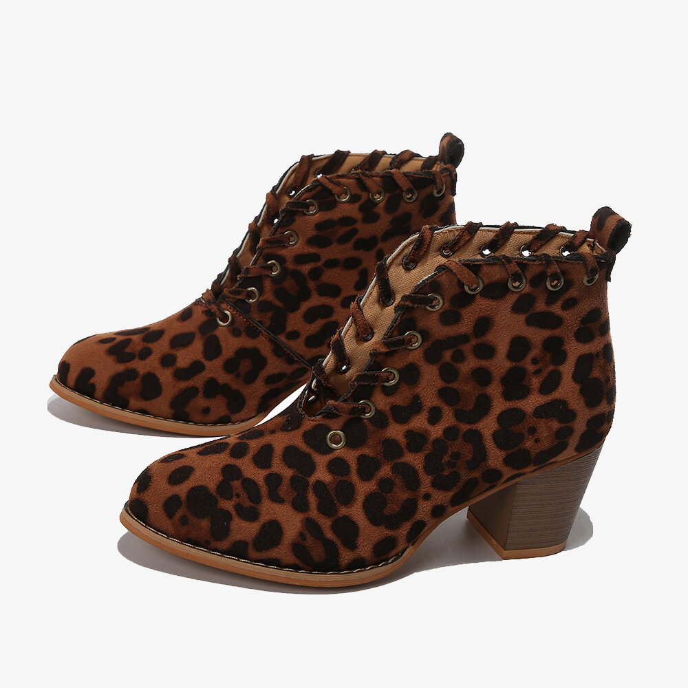 Plus Size Women Fashion Leopard Strappy Slip On Chunky Heel Single Boots