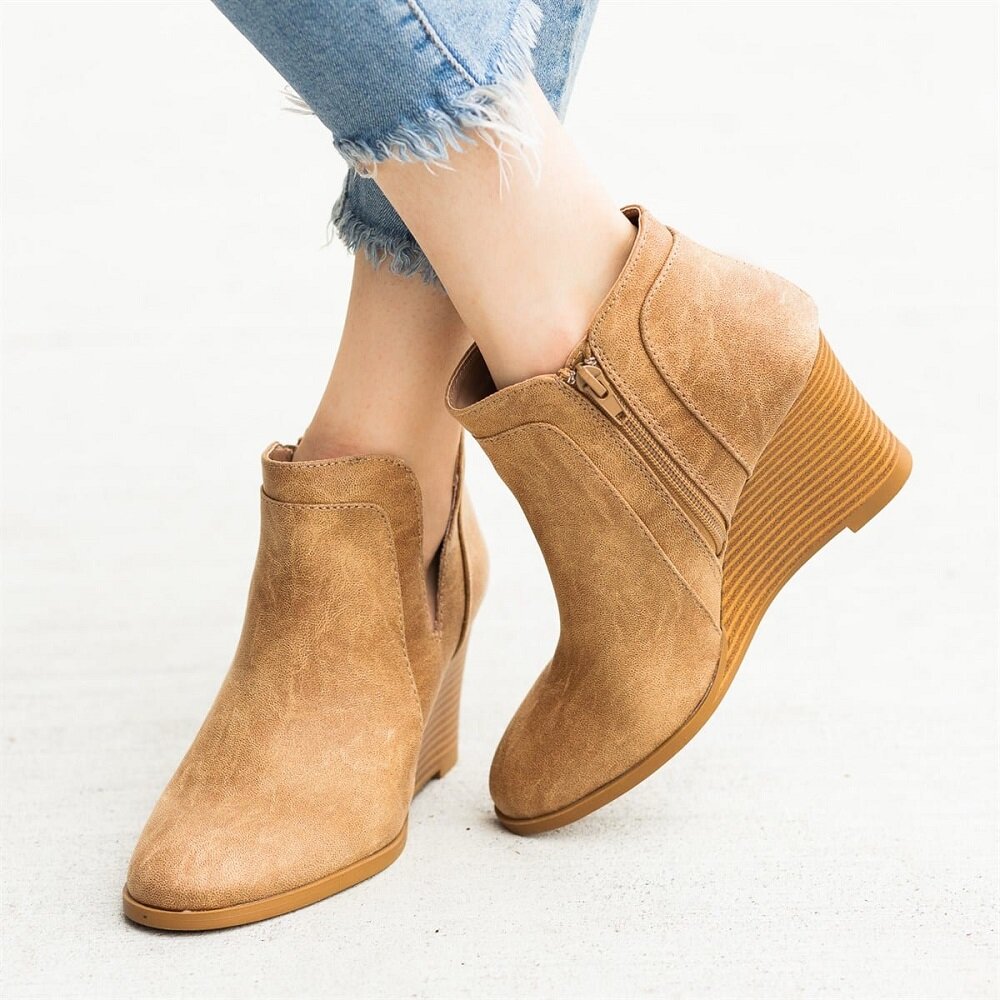 Plus Size Side Opening PU Breathable Wedges Heel Casual Ankle Boots 