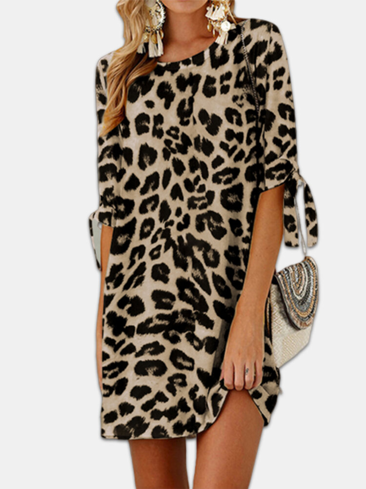 

Leopard Print Knot Sleeve Plus Size Loose Mini Dress, Dark grey;khaki