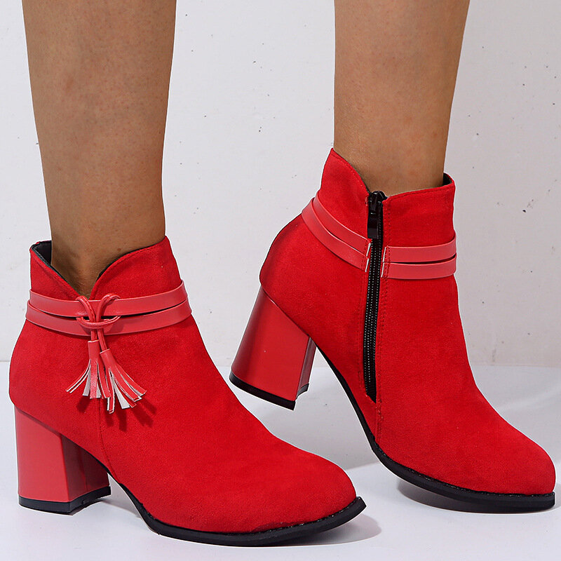 Large Size Women Solid Color Pointed Toe Tassel Zipper Chunky Heel Ankle Boots