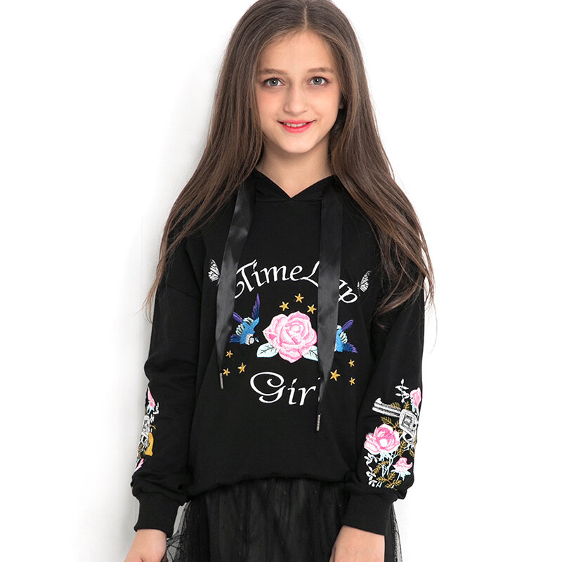 

Girl's Flower Embroidery Hooded Long Sleeves Casual Thicken Warm Sweater For 6-15Y, Black