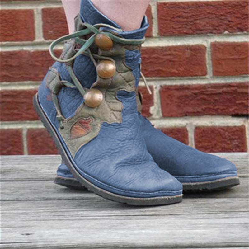 Plus Size Women Retro Comfy Round Toe Pu Leather Strappy Flat Short Boots