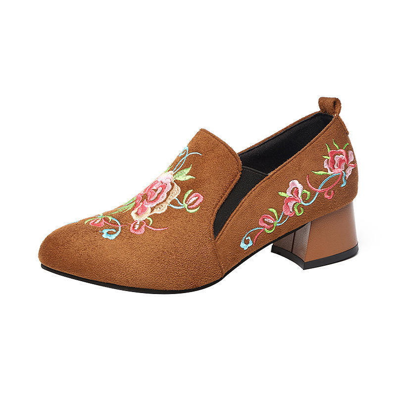 Suede Embroidered Elastic Band Slip On Chunky Heel Ankle Boots