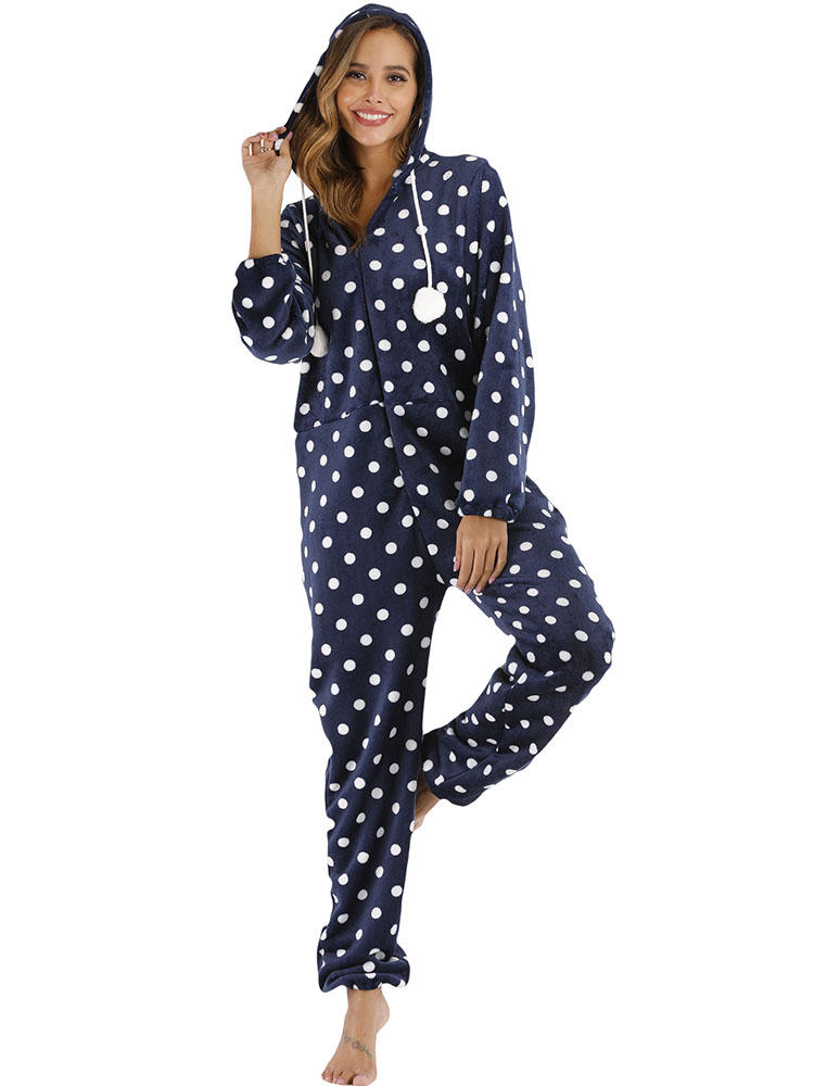 

Plus Size Flannels Onesies Pajamas Polka Dot Hooded Front Zipper Casual Warm Soft Home Sleepwear, Blue