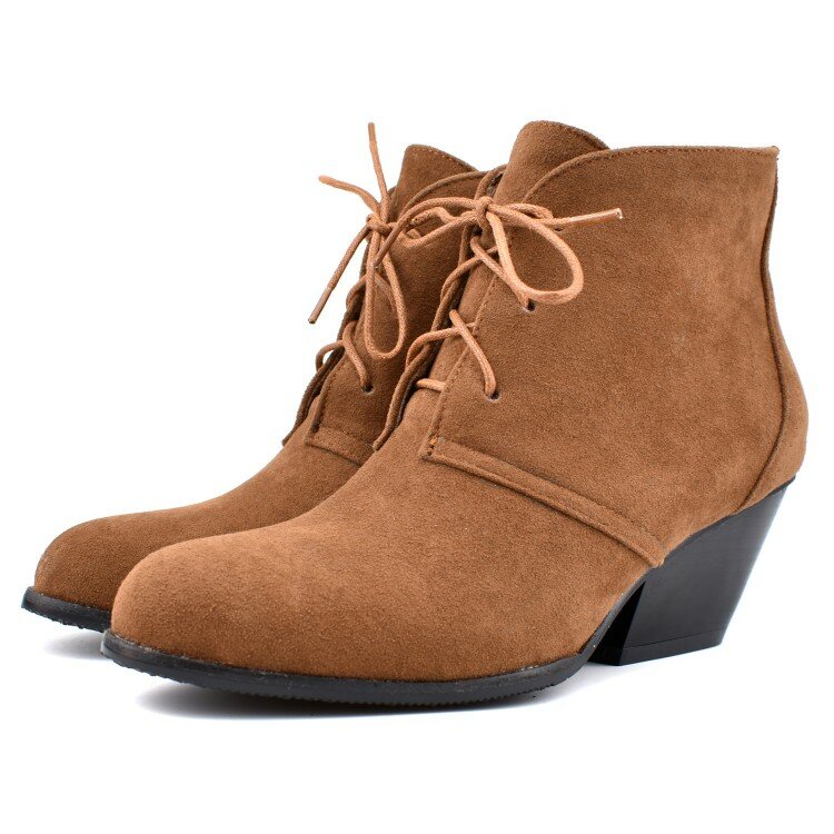 Plus Size Suede Warm Lined Slip Resistant Lace Up Chunky Heel Casual Short Boots