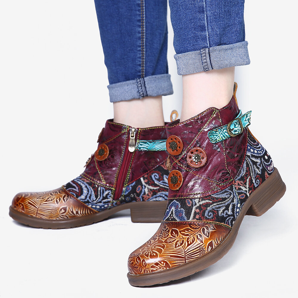 SOCOFY Retro Buckle Genuine Leather Splicing Folkways Pattern Flat Soft Short Boots