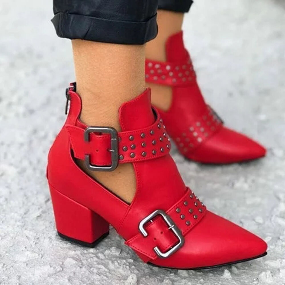 Plus Size Women Fashion Pointed Toe Buckle Strap Zipper High Chunky Heel Boots