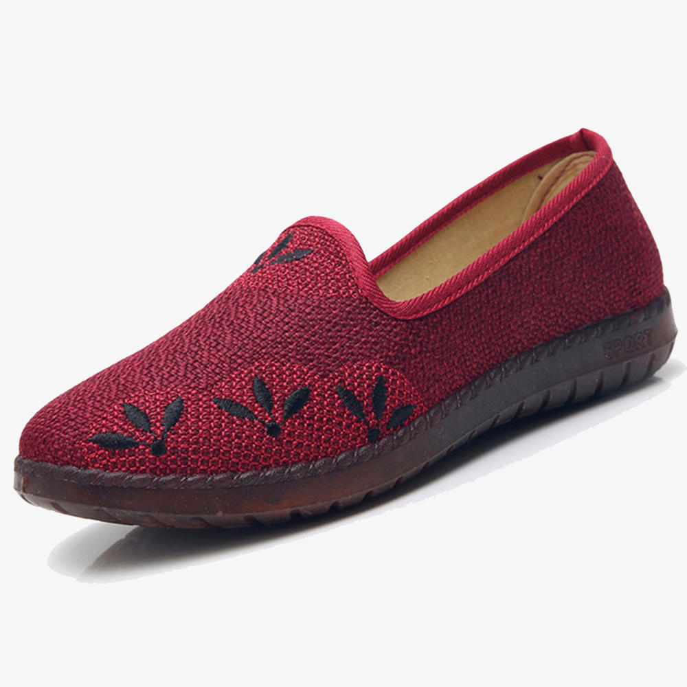Embroidered Cloth Slip On Slip Resistant Soft Sole Flat Shoes