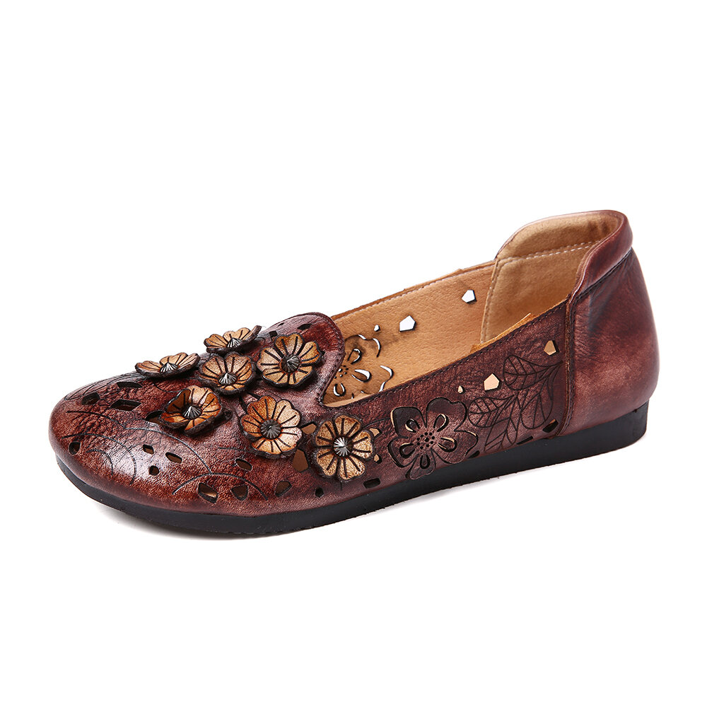 SOCOFY Retro Splicing Lovely Small Flowers Hollow Genuine Leather Loafers
