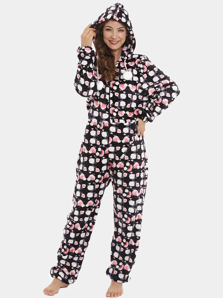 

Plus Size Women Pajamas Print Hooded Flannels Thickened Warm Onesie For Winter Spring, Black
