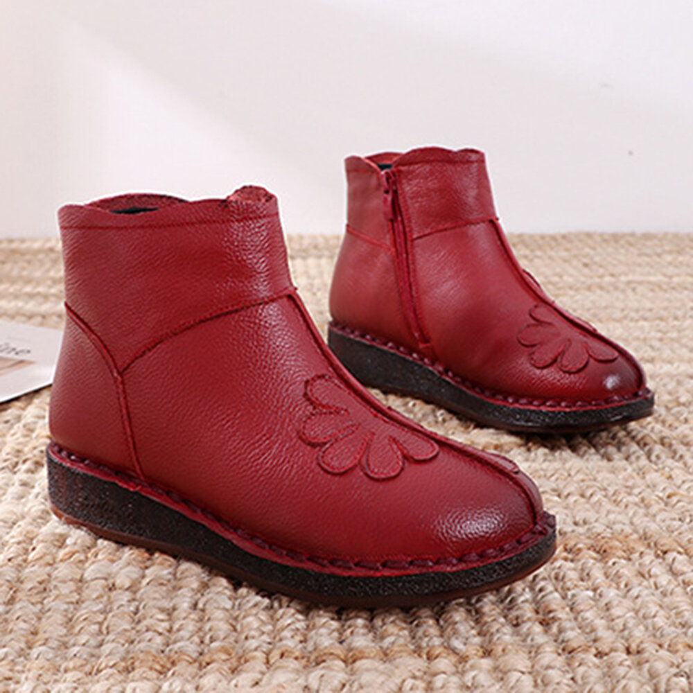 Leather Flower Stitching Vintage Zipper Soft Sole Casual Boots