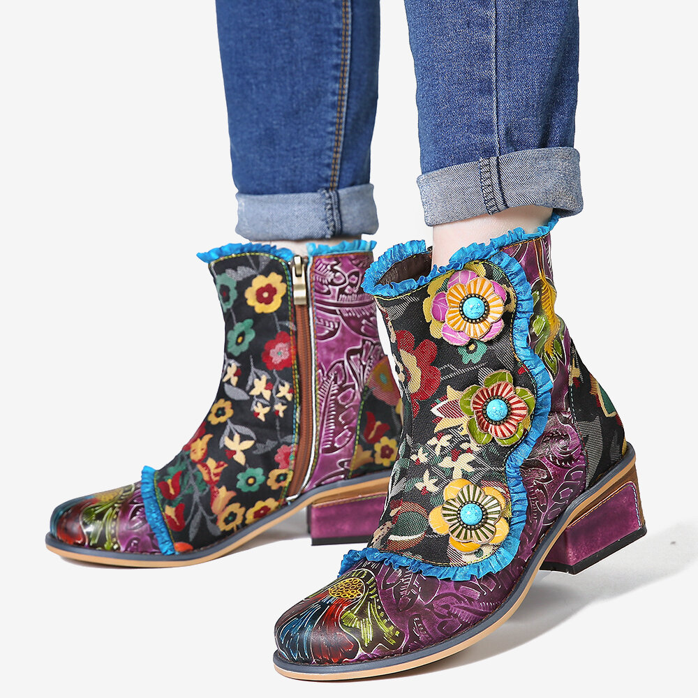 SOCOFY Retro Hand Painted Genuine Leather Flowers Blue Lace Zipper Flat Short Boots