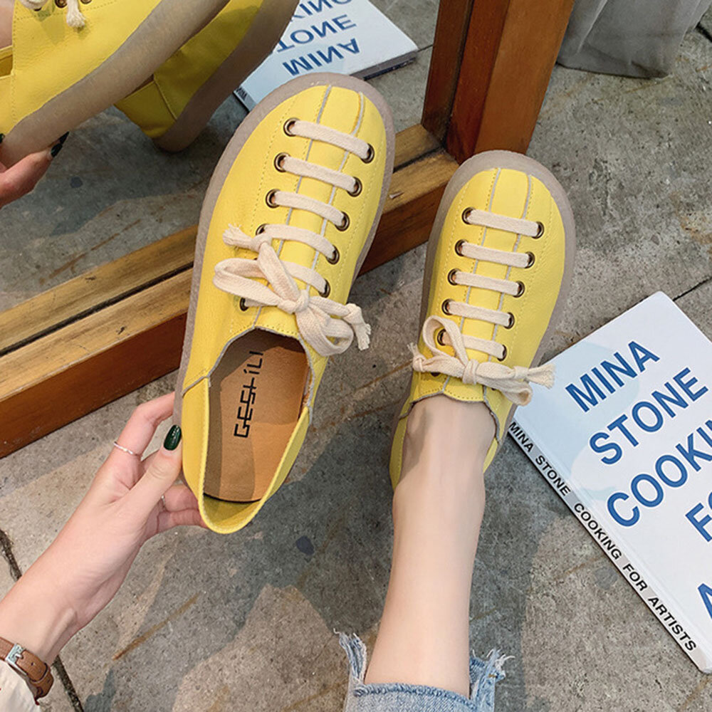 Women Lace Up Solid Color Casual Fashion Claosed Toe Flat Shoes