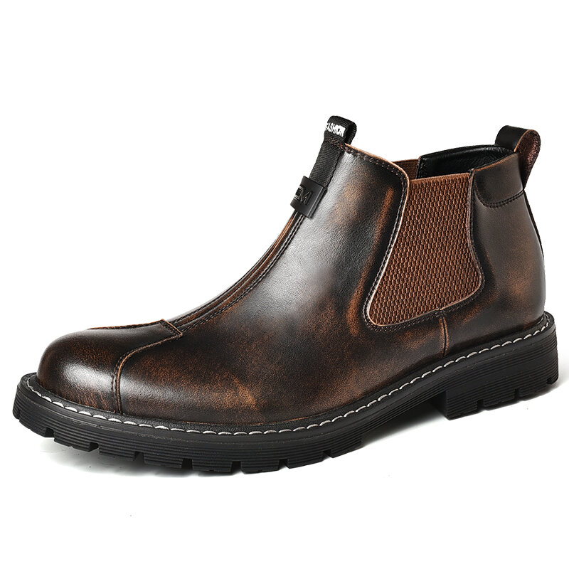 Men Retro Color Leather Non Slip Elastic Panels Casual Ankle Boots 