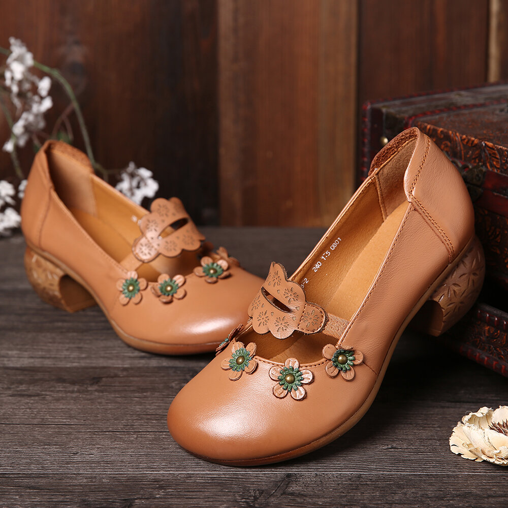 SOCOFY Retro Splicing Florals Elastic Band Genuine Leather Chunky Heels Soft Shoes 
