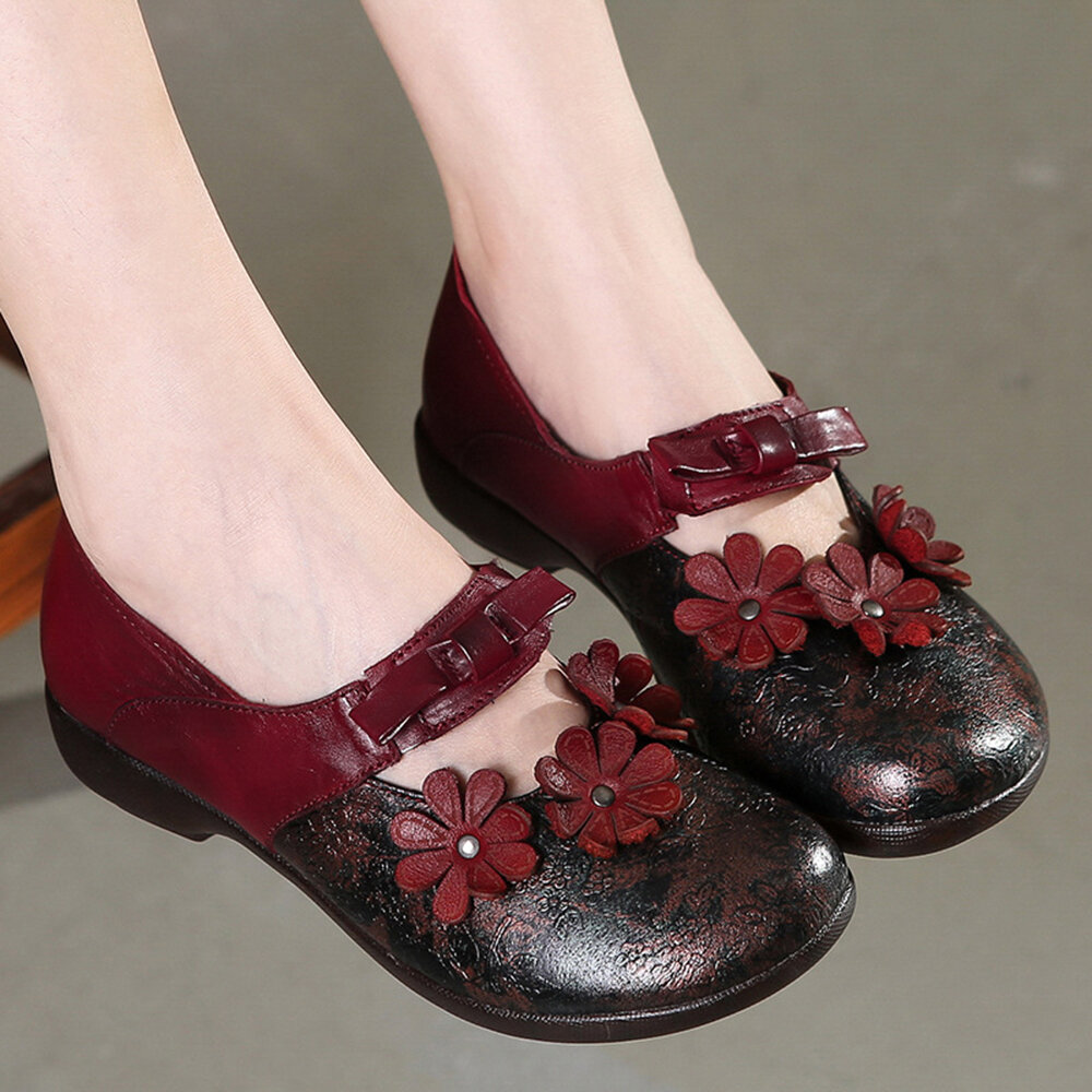 Flower Leather Slip Resistant Vintage Casual Womens Flat Shoes