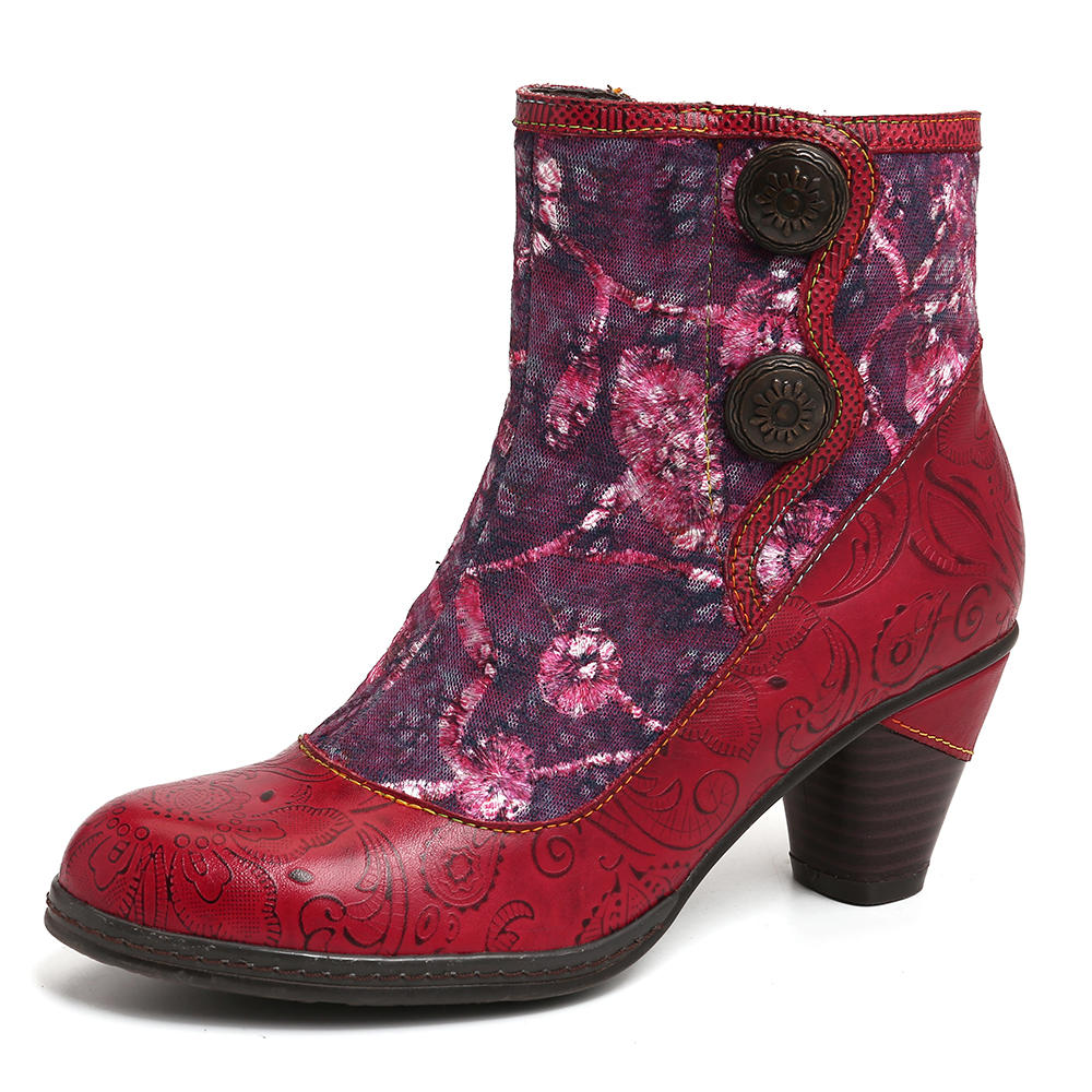 SOCOFY Embossed Genuine Leather Splicing Folkways Flowers High Heel Zipper Boots