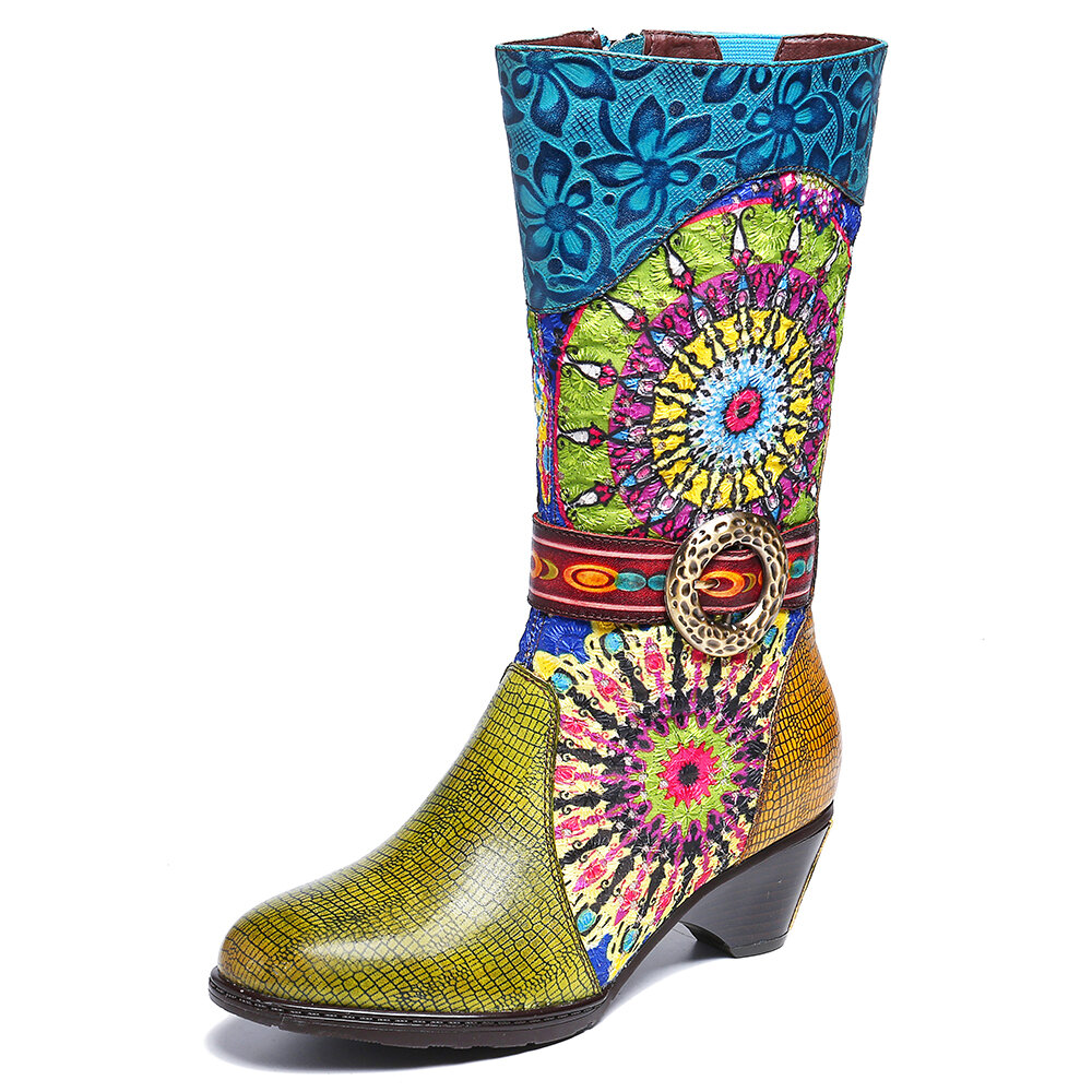 SOCOFY Women Folkways Pattern High Heel Tall Mid Calf Winter Boots