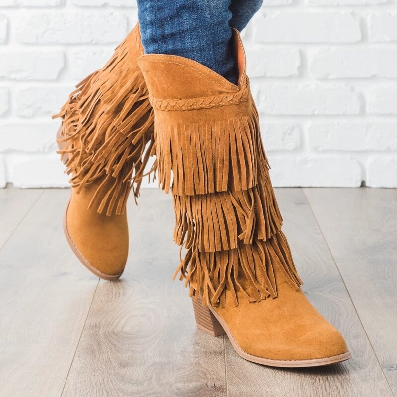 Large Size Women Casual Suede Tassel Knee Length Chunky Heel Boots