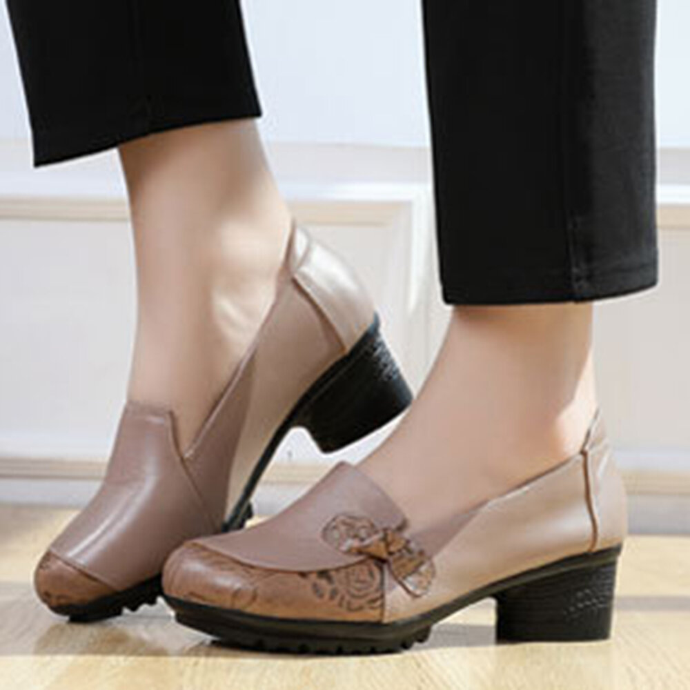 Women Folkways Comfy Leather Round Toe Slip On Pumps