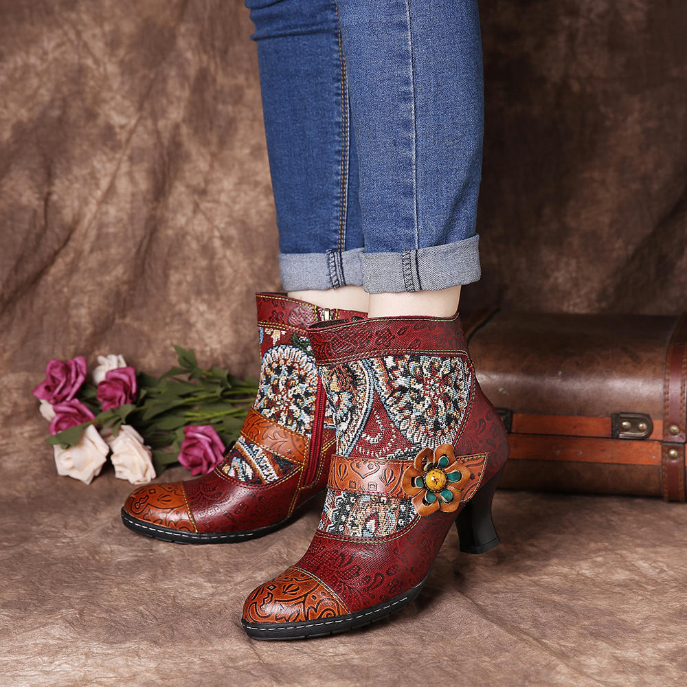 SOCOFY Retro Folkways Pattern Embossed Genuine Leather Splicing Low Heel Ankle Boots