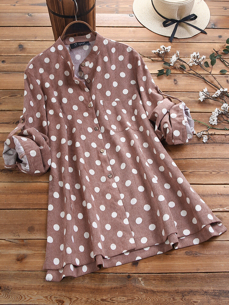 Vintage Polka Dot Lapel Long Sleeve Plus Size Flannel Shirt 