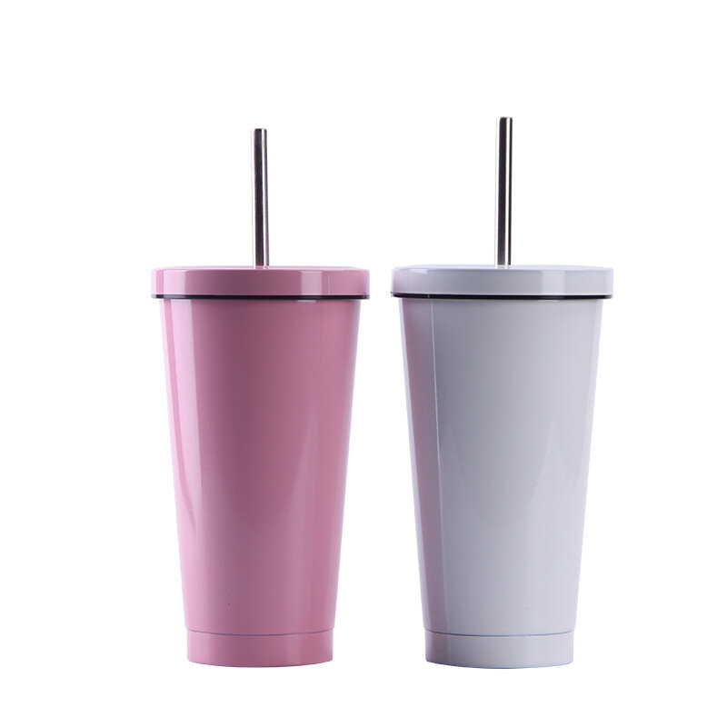 

500ML Ins Style Stainless Steel Mug Portable Straw Cup Double Vacuum Coffee Cup For Home And Office, White;pink