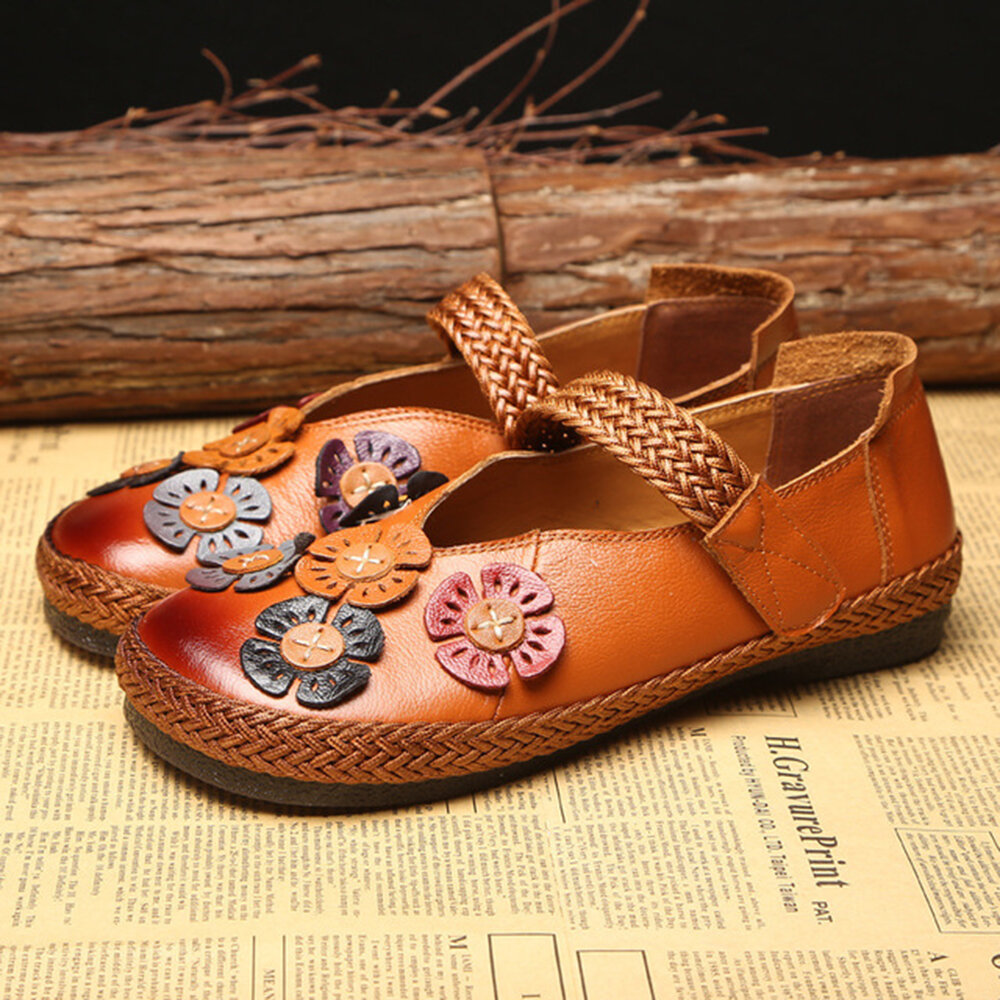 Flower Leather Round Toe Casual Rubber Sole Hook Loop Flat Shoes