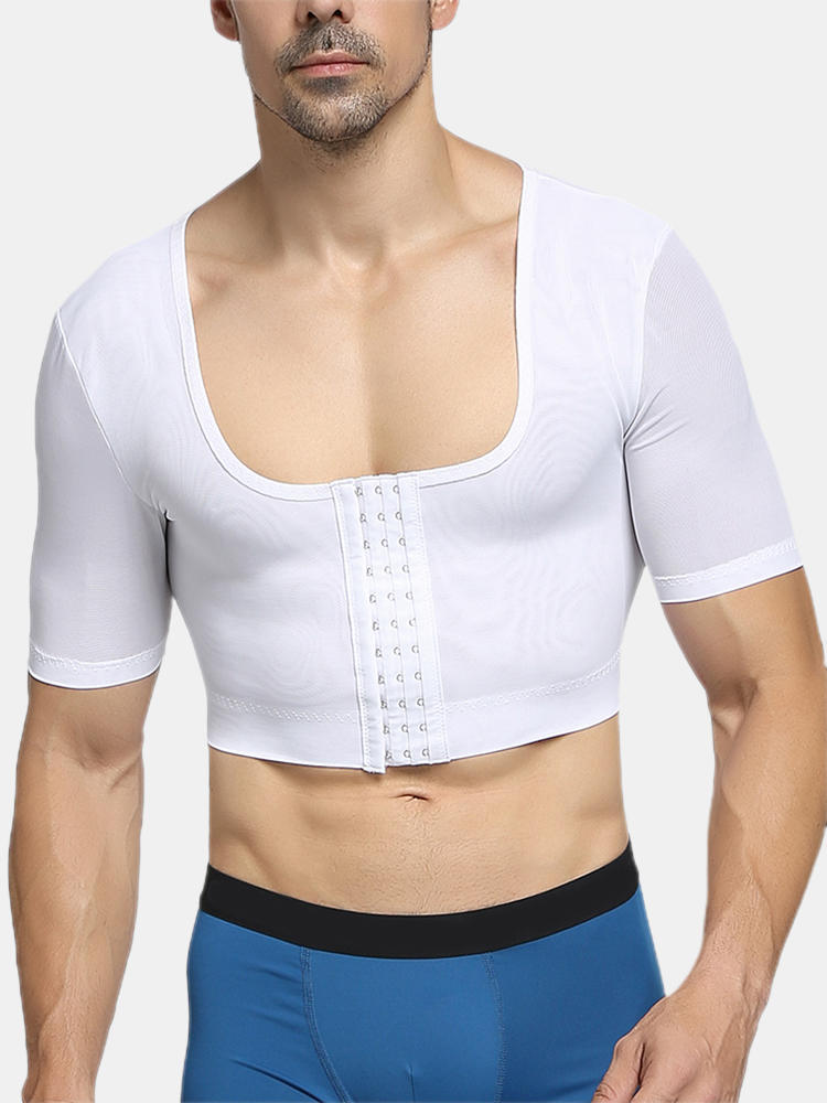 

Men Net Shapewear Underwear Chest Control Nylon Breathable Hasp Plain Undershirts, White