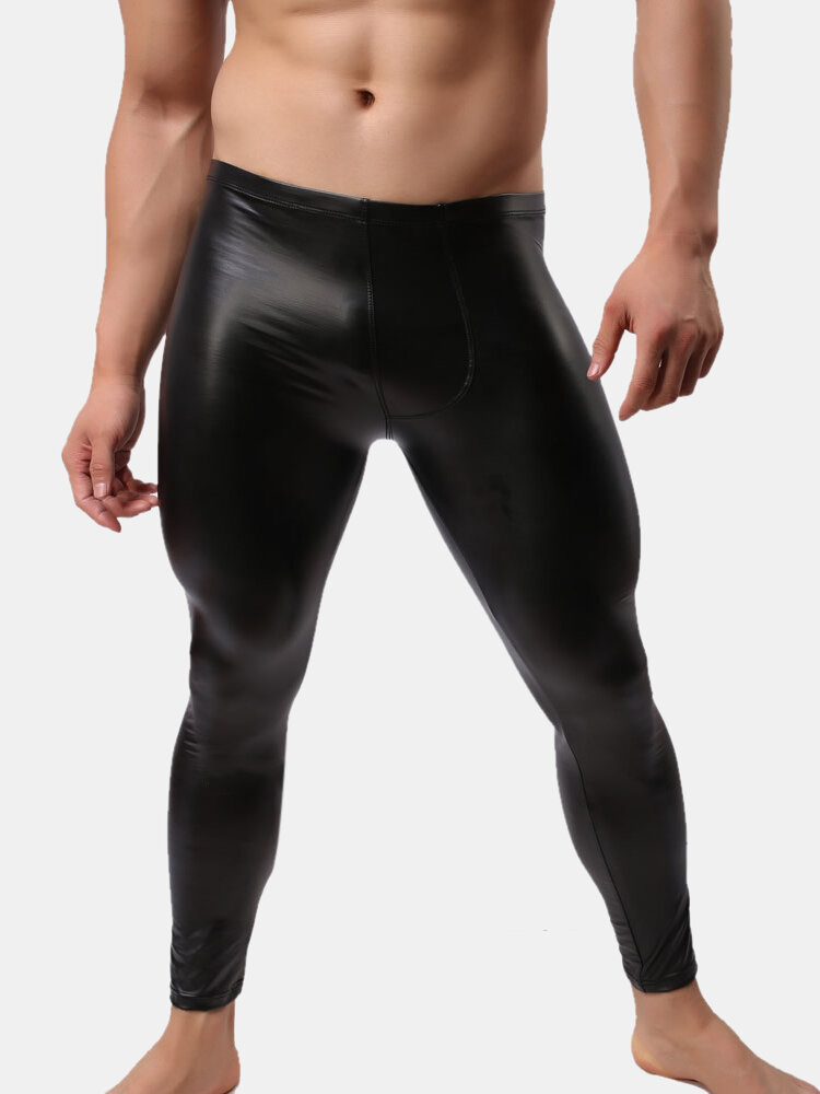 

Men Faux Leather Skinny Clubwear Pants Sexy Reflective Black Plain Smooth Stretch Underwear