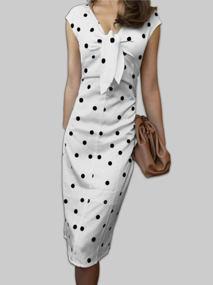 

Elegant Polka Dot Knot Front Plus Size Dress, Black;white