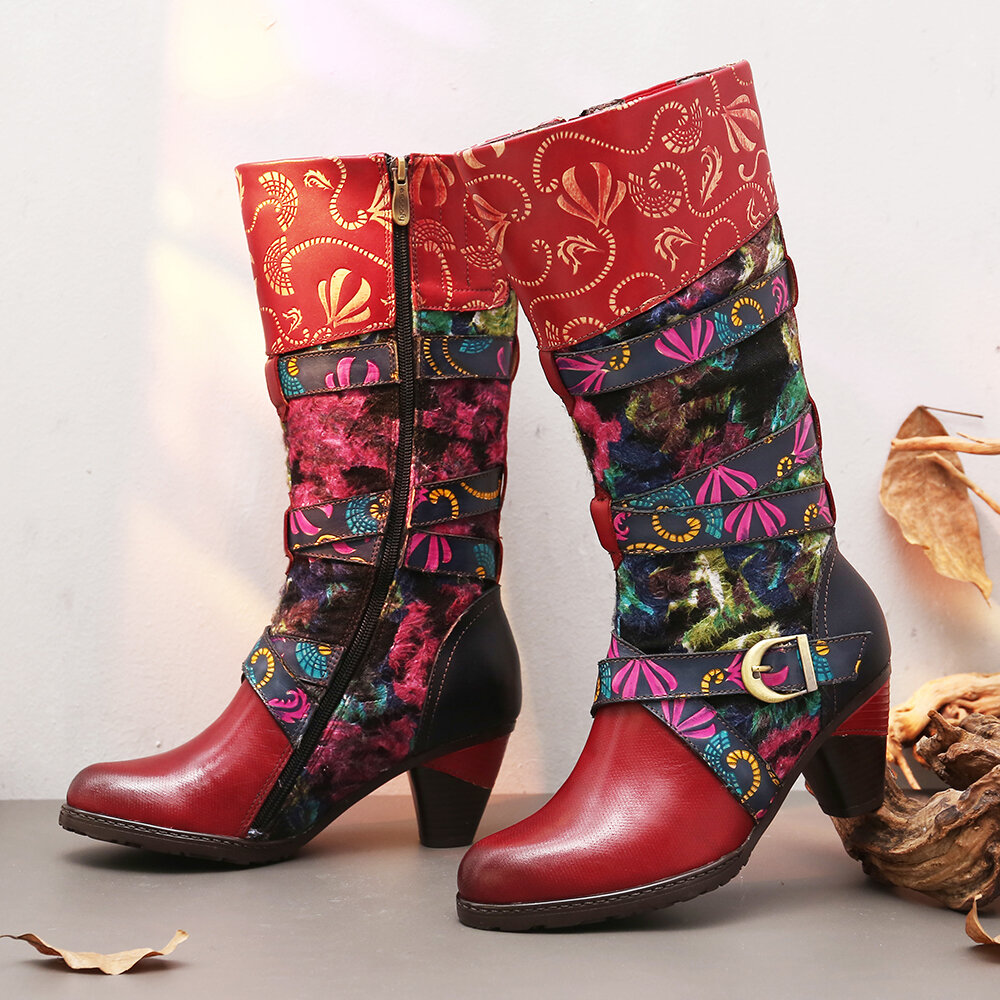 SOCOFY Retro Watercolor Embossed Decorated Buckle Strap Elegant Soft Mid Calf High Heel Boots