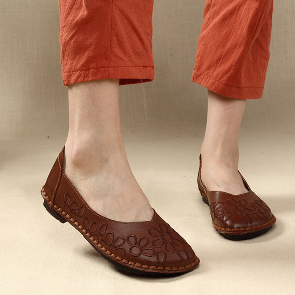 Stitching Round Toe Genuine Leather Comfortable Flat Loafers