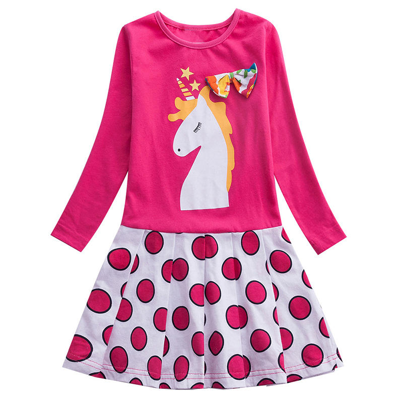 

Girl's Unicorn Dot Print Long Sleeves Patchwork Casual Pleated Dress For 2-9Y, Dark blue