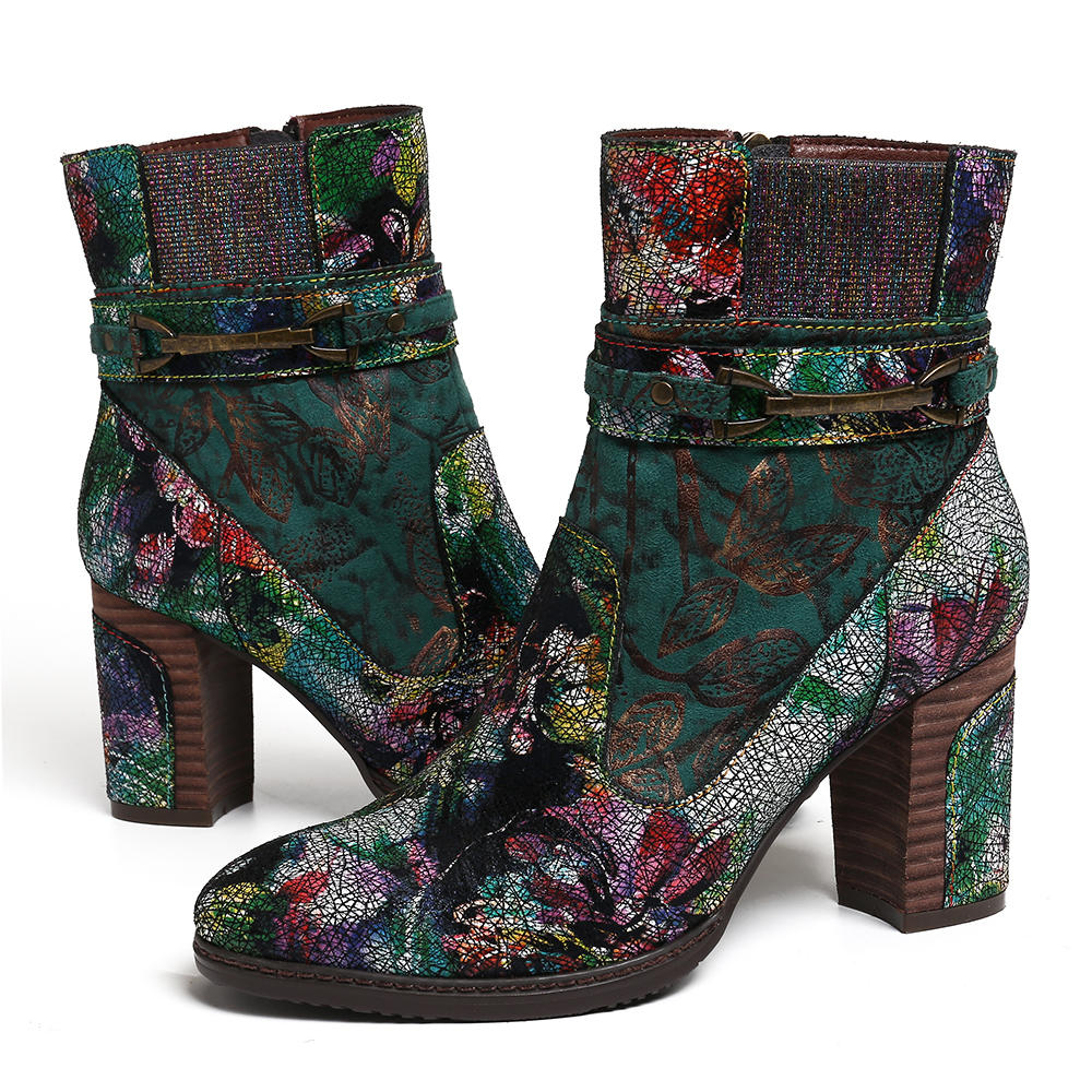 SOCOFY Retro Colorful Pattern Genuine Leather Gorgeous High Square Heel Zipper Boots