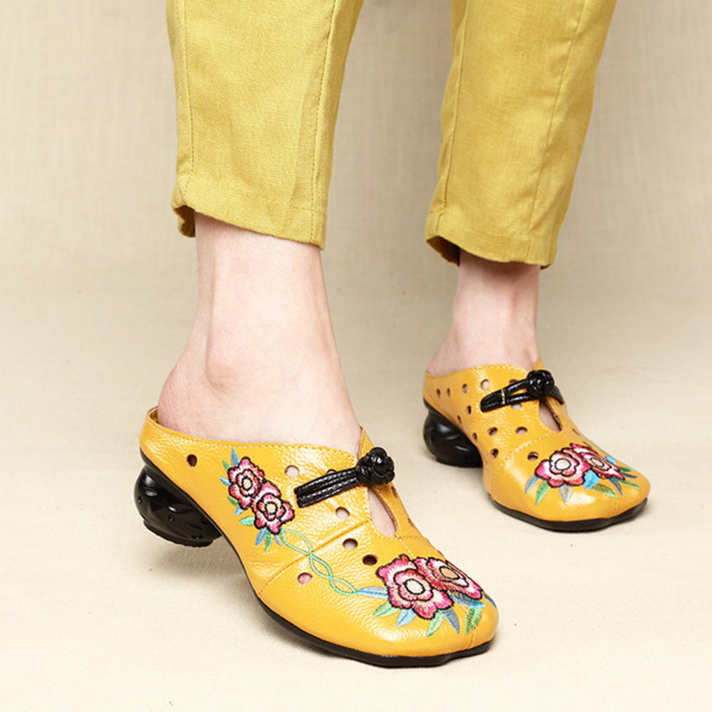 Embroidery Flower Leather Backless Vintage Pumps