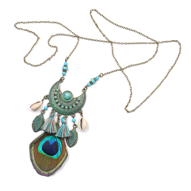

Ethnic Semicircular Crescent Turquoise Shell Pendant Necklace Peacock Feather Tassel Sweater Chain, Green