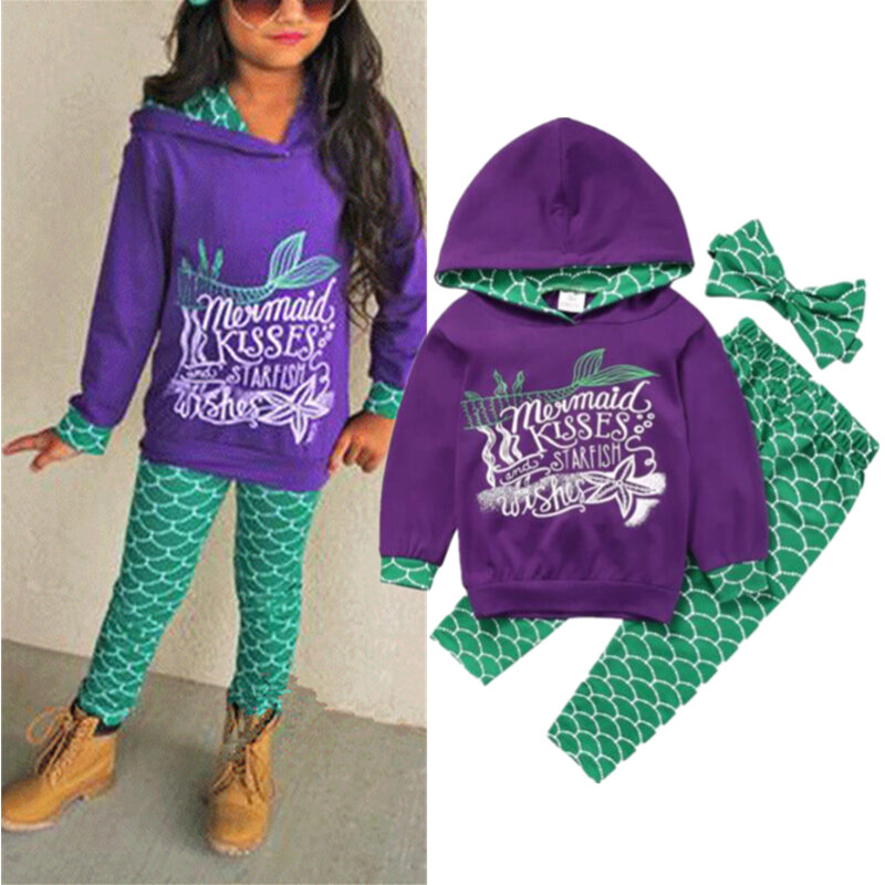 Girl Mermaid Hooded Trousers 3Pcs Clothing Set For 1-7Y