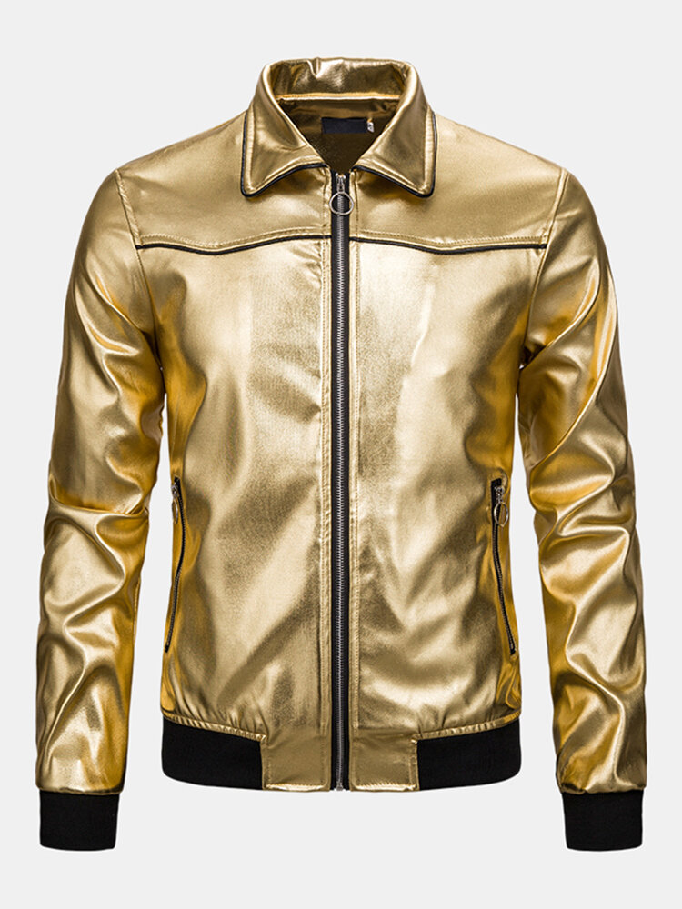 

Mens Fall Nightclub Party Wear Fashion Bright Color Long Sleeve Lapel Jacket, Black;gold;silver