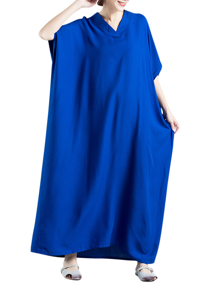 

Loose Women Solid Color Batwing Sleeve V-neck Maxi Dress, Black