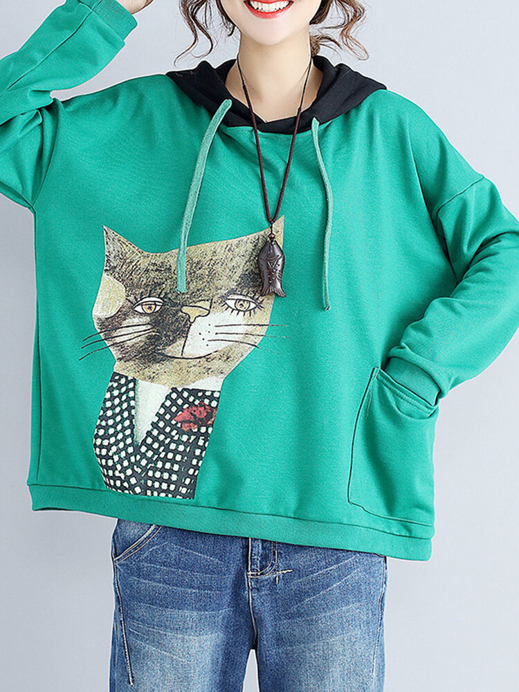 Casual Women Cat Printed Hooded Pocket Long Sleeve Sweatshirts