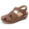 LOSTISY Stitching Hollow Hook Loop Closed Toe Light Wedges Sandals - Brown